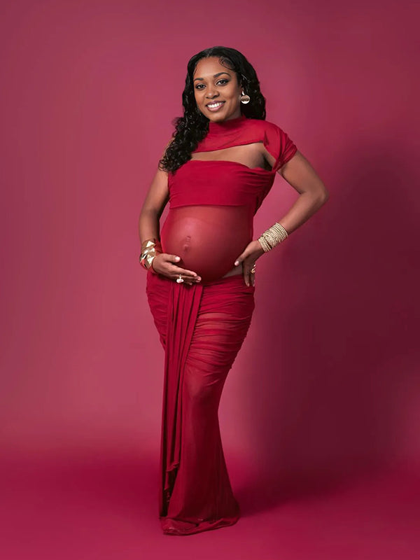 Momnfancy Mesh Red Cut Out Ruched Draped Grenadine Sheer Bodycon Photoshoot Maternity Maxi Dress