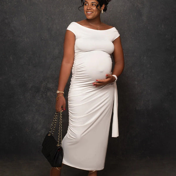 Momnfancy Off Shoulder Side Draped Ruched Photoshoot Maternity Maxi Dress