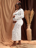 Momnfancy Lace Ruffle Front Slit Tie Photoshoot Maternity Maxi Dress