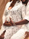 Momnfancy Lace Ruffle Front Slit Tie Photoshoot Maternity Maxi Dress