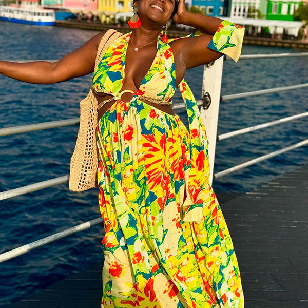 Momnfancy Tropical Floral Cut Out Side Slit Maternity Maxi Dress