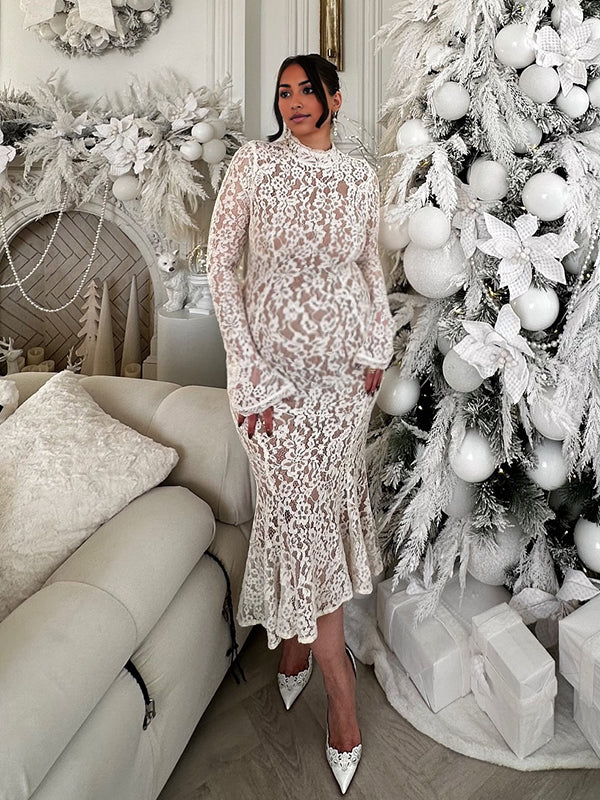 Momnfancy White Lace Ruffle Sheer Mermaid Flare Long Sleeve Sleeve Party Baby Shower Bodycon Maternity Midi Dress