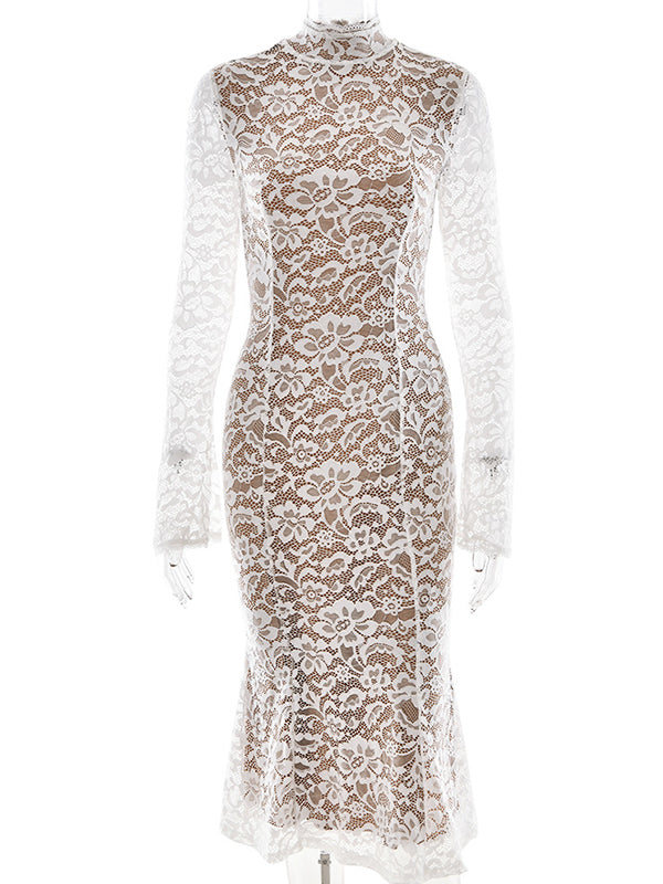 Momnfancy White Lace Ruffle Sheer Mermaid Flare Long Sleeve Sleeve Party Baby Shower Bodycon Maternity Midi Dress