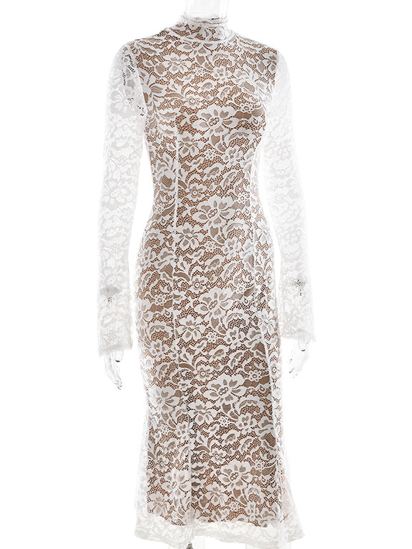 Momnfancy White Lace Ruffle Sheer Mermaid Flare Long Sleeve Sleeve Party Baby Shower Bodycon Maternity Midi Dress