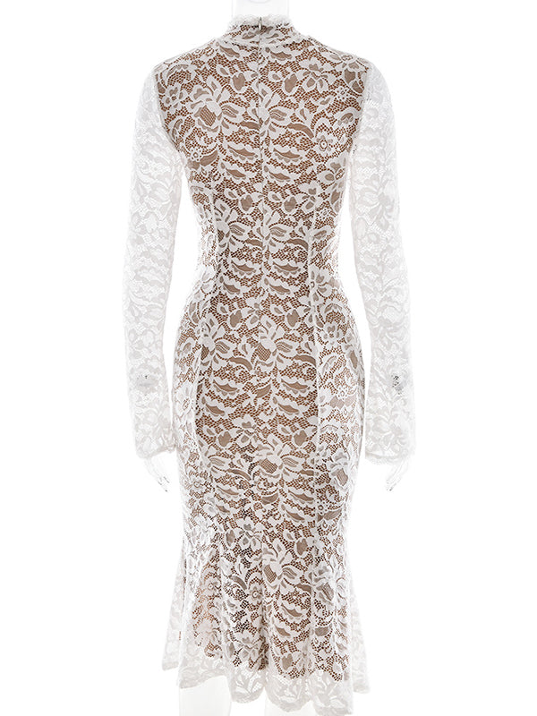 Momnfancy White Lace Ruffle Sheer Mermaid Flare Long Sleeve Sleeve Party Baby Shower Bodycon Maternity Midi Dress