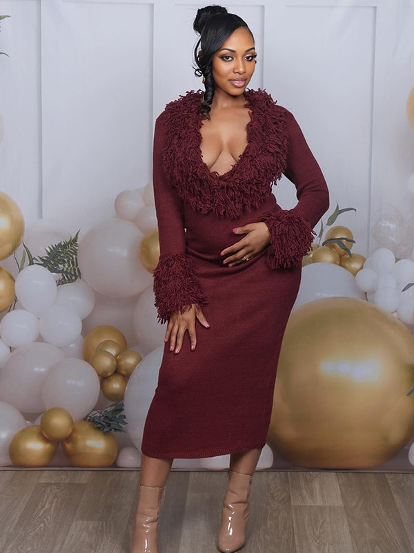 Momnfancy Wine Red Deep V Fringe Fluffy Crochet Feather Bodycon Maternity Sweater Baby Shower Midi Dress