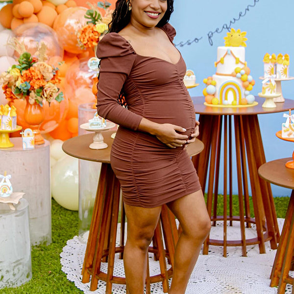 Momnfancy Coffee V Neck Smoked Bodycon Maternity Baby Shower Mini Dress