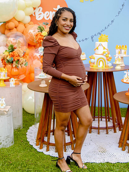 Momnfancy Coffee V Neck Smoked Bodycon Maternity Baby Shower Mini Dress
