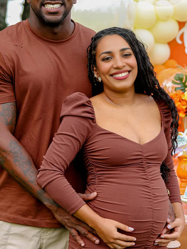 Momnfancy Coffee V Neck Smoked Bodycon Maternity Baby Shower Mini Dress