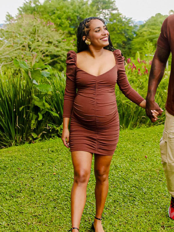 Momnfancy Coffee V Neck Smoked Bodycon Maternity Baby Shower Mini Dress