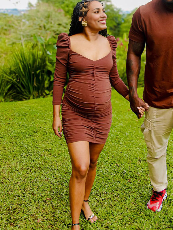 Momnfancy Coffee V Neck Smoked Bodycon Maternity Baby Shower Mini Dress