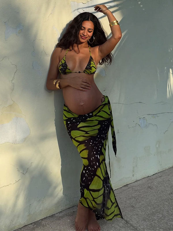 Momnfancy Halter Neck Bow Tie Backless Tulle Printed  Beach Vacation Maternity Dresses