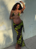 Momnfancy Halter Neck Bow Tie Backless Tulle Printed  Beach Vacation Maternity Dresses
