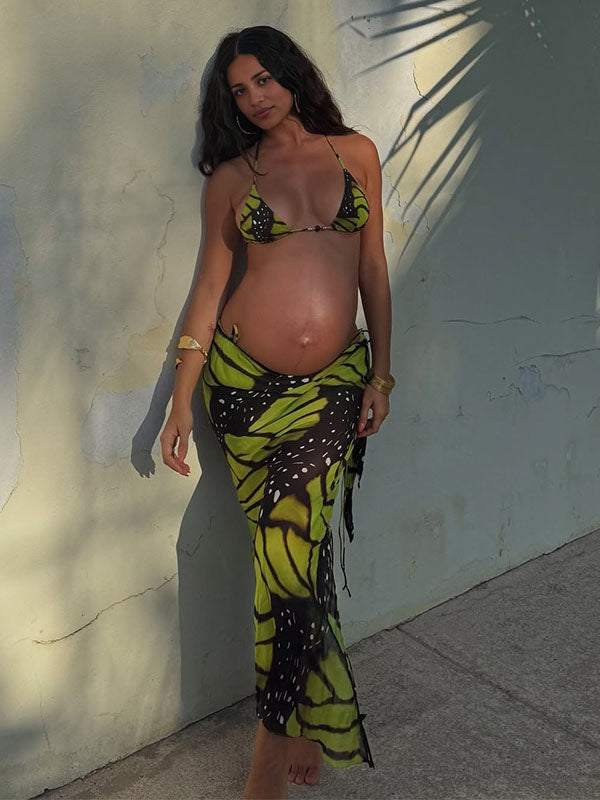 Momnfancy Halter Neck Bow Tie Backless Tulle Printed  Beach Vacation Maternity Dresses