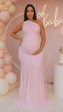 Momnfancy One Shoulder Mesh Ruched Mermaid Evening Gown Baby Shower Maternity Maxi Dress