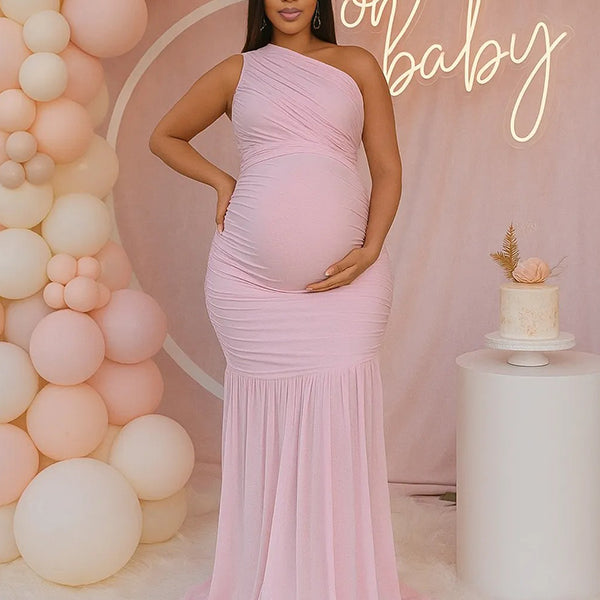 Momnfancy One Shoulder Mesh Ruched Mermaid Evening Gown Baby Shower Maternity Maxi Dress