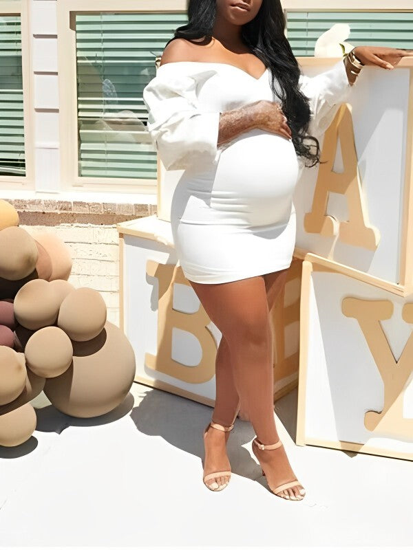 Momnfancy White Off Shoulder V-Neck Lantern Sleeve Maternity Mini Dress
