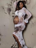 White Ruffle Cut Out Crop Irregular Split Sheer Maternity Maxi Dress