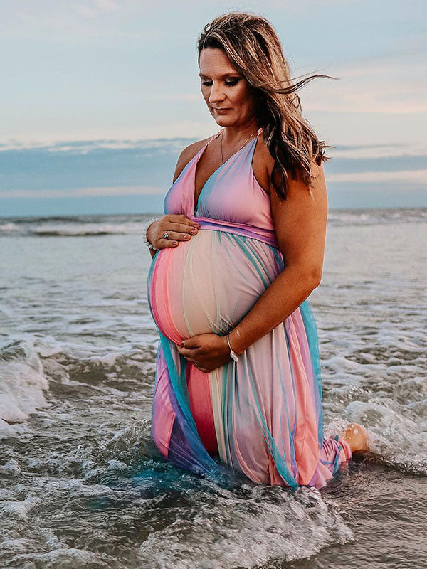 Momnfancy Colorful V Neck Splicing Maternity Baby Shower Maxi Dress