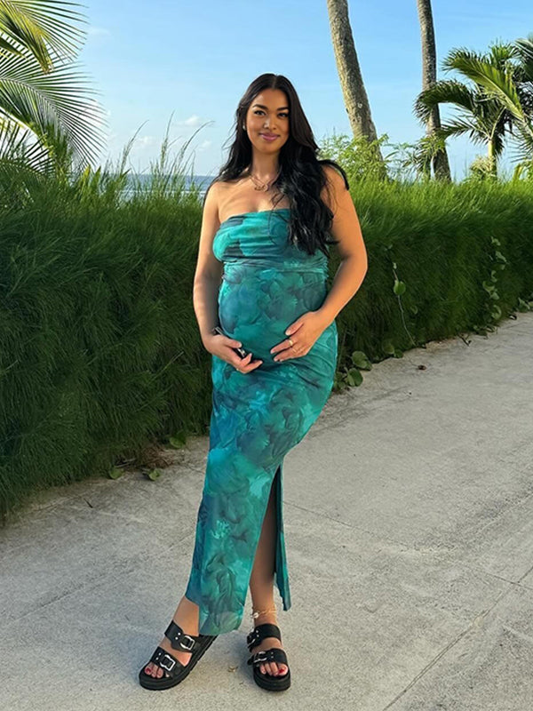 Momnfancy Fitted Floral Tulle Pleats Maternity Dress