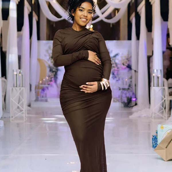 Momnfancy Mesh Ruched Sheer Mermaid Bodycon Party Gown Front Cross Maternity Maxi Dress