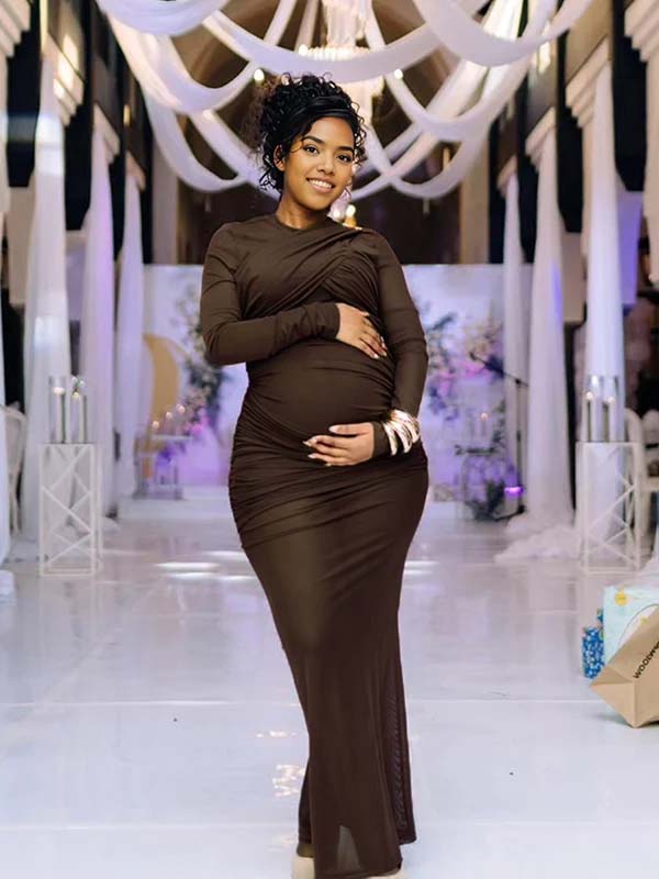 Momnfancy Mesh Ruched Sheer Mermaid Bodycon Party Gown Front Cross Maternity Maxi Dress