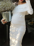 Momnfancy White Off Shoulder Ruffle Flare Sleeve Back Split Party Elegant Baby Shower Maternity Midi Dress