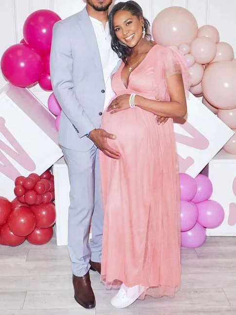 Momnfancy Plus Size Tulle Ruffle V-Neck Evening Gown Photoshoot Maternity Maxi Dress