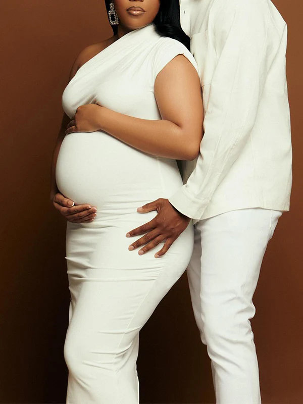 Momnfancy White One Shoulder Side Slit Bodycon Irregula Photoshoot Maternity Maxi Dress