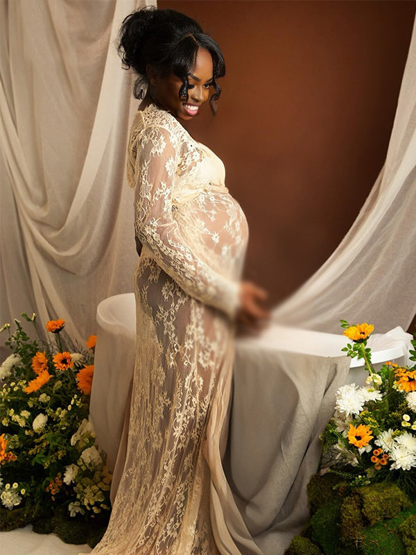 Momnfancy Lace Sheer Tulle Bodycon Plunging Neckline Maternity Maxi Dress