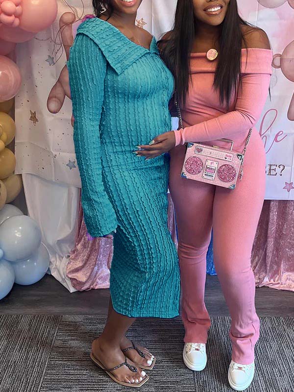 Momnfancy Off Shoulder Single Breasted Mesh Wavy Ruffle Front Slit Bodycon Elegant Going Out Maternity Baby Shower Maxi Dress