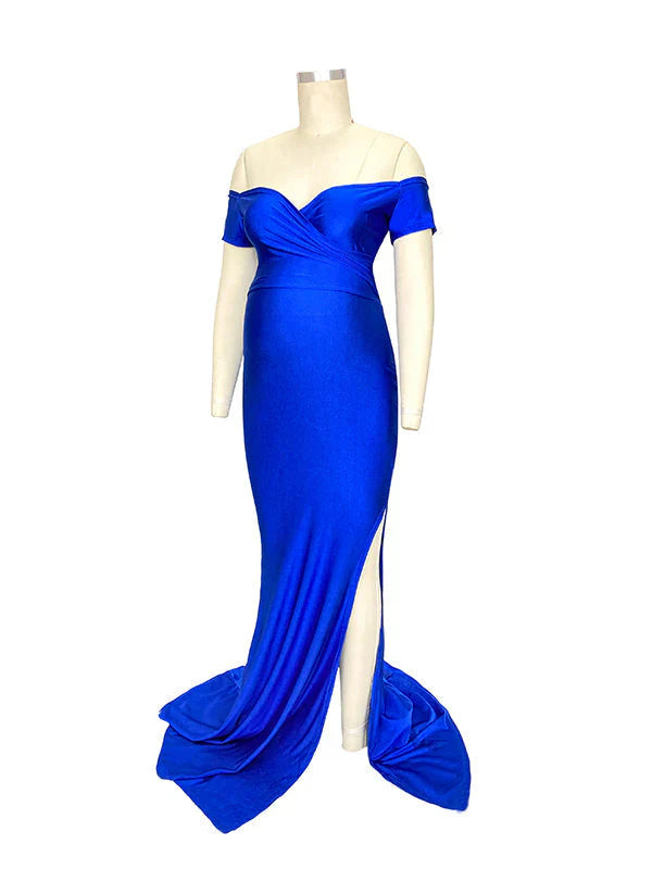 Monmfancy Off Shoulder Short Sleeve V-Neck High Split Bodycon Solid Baby Shower Party Gown Maternity Maxi Dress