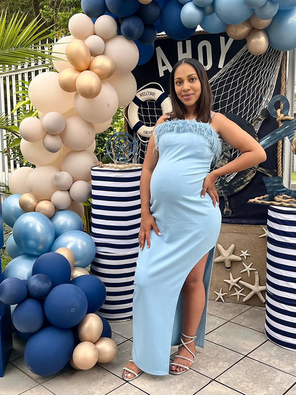 Momnfancy Spaghetti Strap Feather Splicing Maternity Baby Shower Maxi Dress