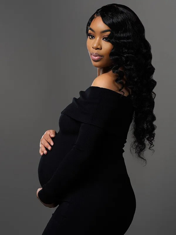 Momnfancy Off Shoulder Solid Color Mermaid Bodycon Elegant Photoshoot Maternity Maxi Sweater Dress