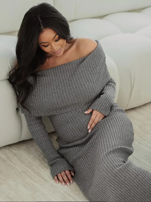 Momnfancy Off Shoulder Solid Color Mermaid Bodycon Elegant Photoshoot Maternity Maxi Sweater Dress