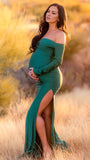 Momnfancy Green Off Shoulder Side Slit Banquet Photo Gown Baby Shower Maternity Evening Maxi Dress