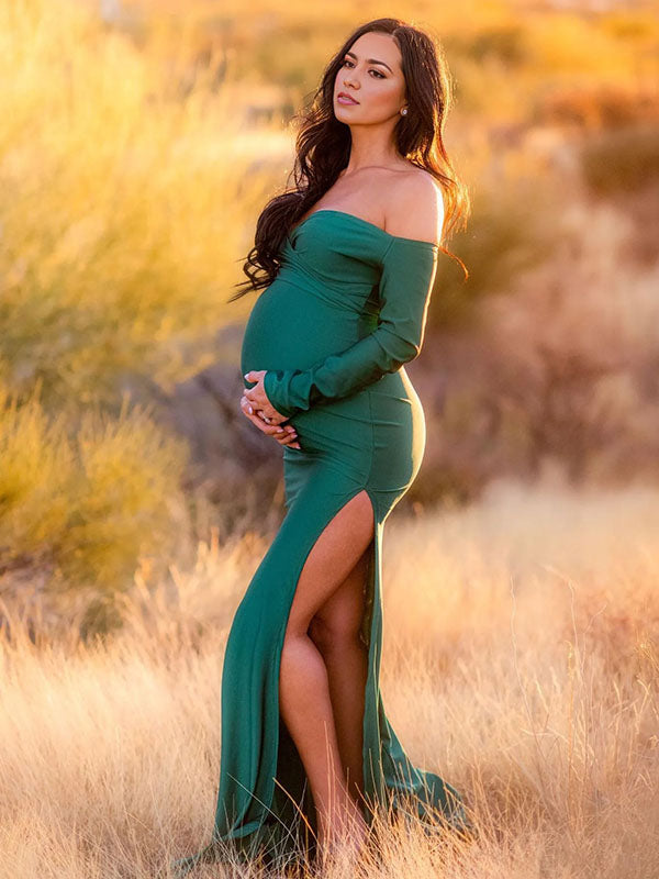 Momnfancy Green Off Shoulder Side Slit Banquet Photo Gown Baby Shower Maternity Evening Maxi Dress