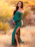 Momnfancy Green Off Shoulder Side Slit Banquet Photo Gown Baby Shower Maternity Evening Maxi Dress