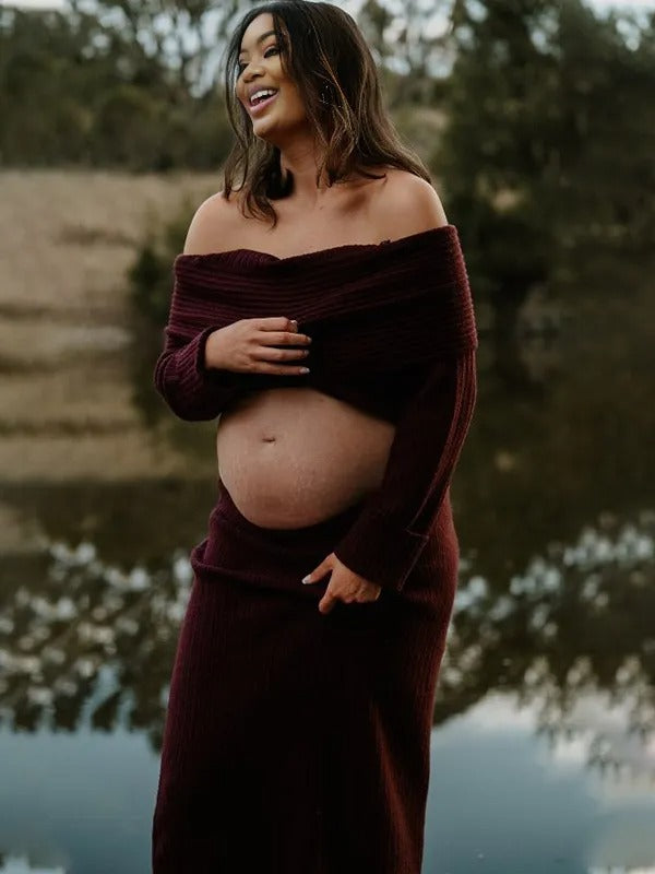 Momnfancy Solid Color Off Shoulder Crochet Knitwear Two Pieces Set Bodycon Elegant Going Out Gowns Photoshoot Maternity Sweater Maxi Dress