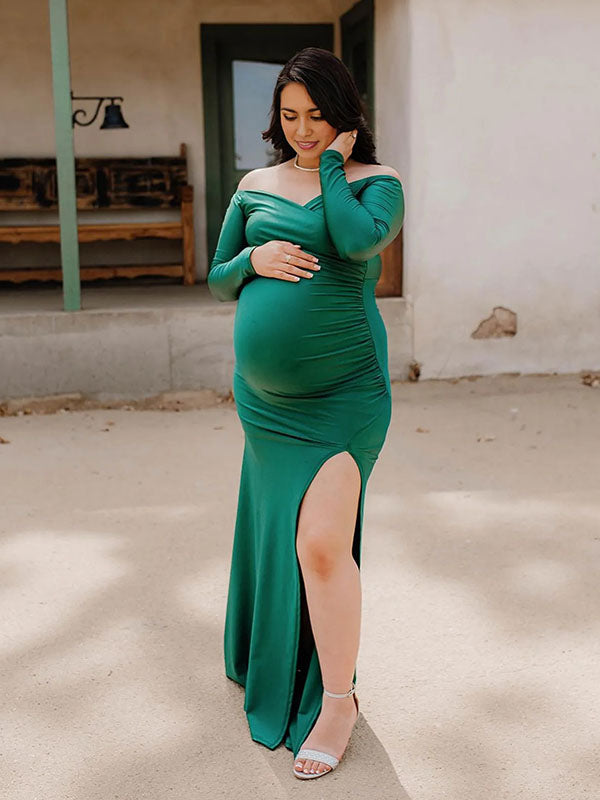 Momnfancy Green Off Shoulder Side Slit Banquet Photo Gown Baby Shower Maternity Evening Maxi Dress