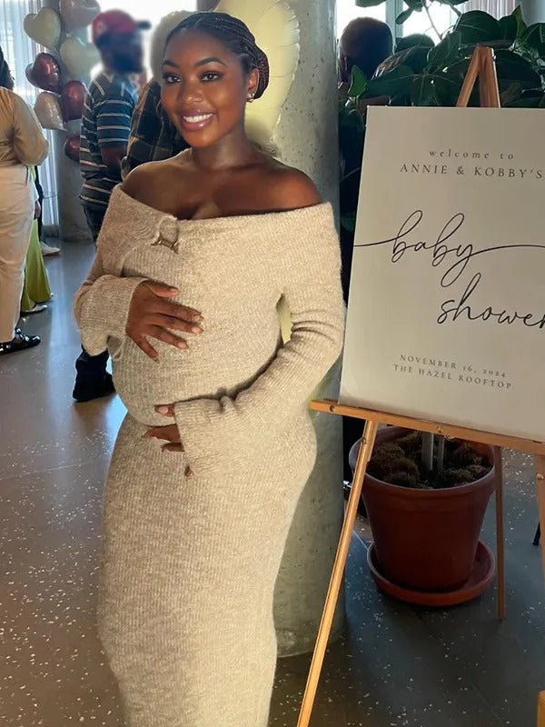 Momnfancy Off Shoulder Fluffy Knit Bardot Neckline Flare Sleeve Bodycon Elegant Going Out Party Maternity Photoshoot Baby Shower Maxi Sweater Dress