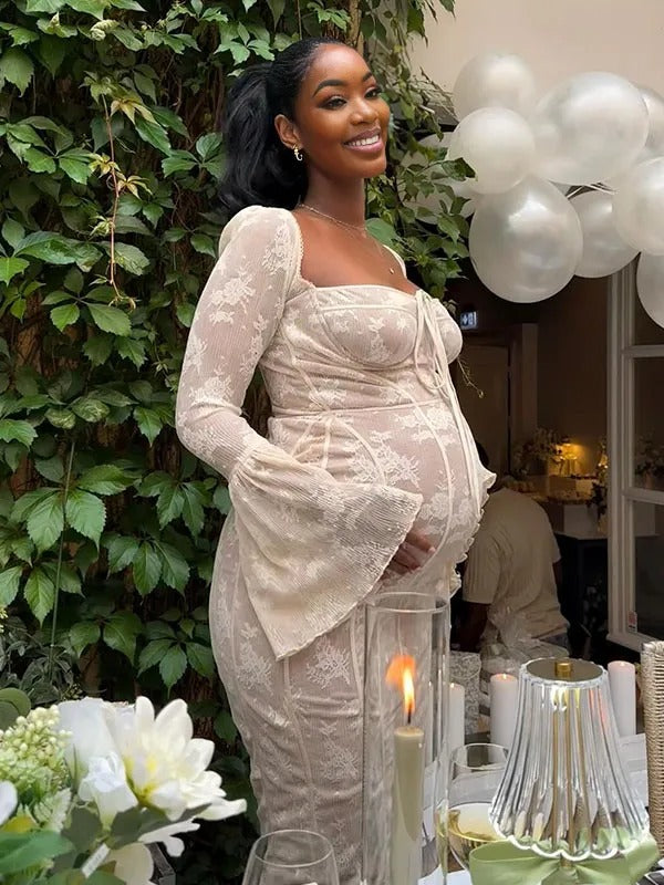 Momnfancy White Lace Corset Square Neck Flare Sleeve Off Shoulder Bodycon Elegant Cocktail Party Maternity Baby Shower Maxi Dress