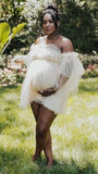 Momnfancy Romantic Cascading Ruffle Off Shoulder Tulle Baby Shower Party Mesh Pricess Pregnant Maternity Mini Dress