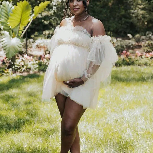 Momnfancy Romantic Cascading Ruffle Off Shoulder Tulle Baby Shower Party Mesh Pricess Pregnant Maternity Mini Dress