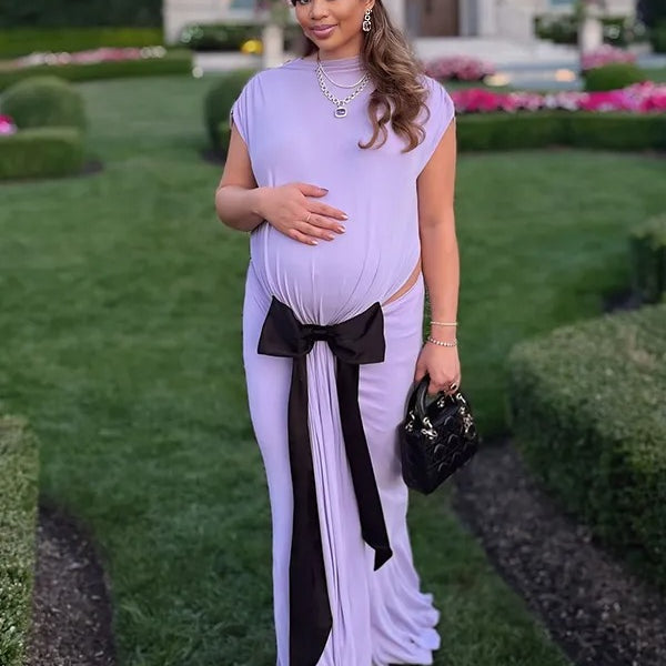 Momnfancy Purple Cut Out Bowknot Backless Bodycon Mermaid Evening Gown Baby Shower Maternity Maxi Dress