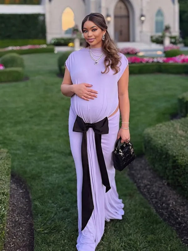 Momnfancy Purple Cut Out Bowknot Backless Bodycon Mermaid Evening Gown Baby Shower Maternity Maxi Dress