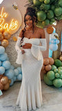 Momnfancy Lace Off Shoulder Mermaid Bodycon Baby Shower Maternity Maxi Dress