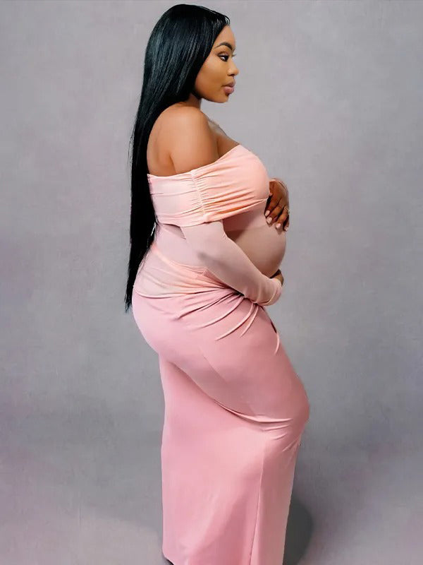 Momnfancy Mesh Splicing Ruched Off Shoulder Bodycon Elegant Long Sleeve Baby Shower Maternity Maxi Dress