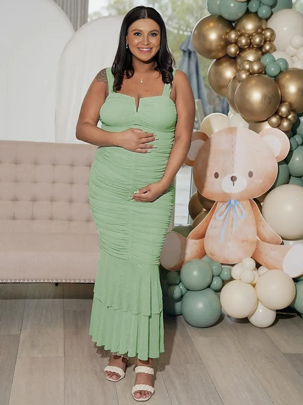 Momnfancy Condole Belt Ruched Bodycon Cut Out Mermaid Sleeveless Babyshower Maternity Maxi Dress