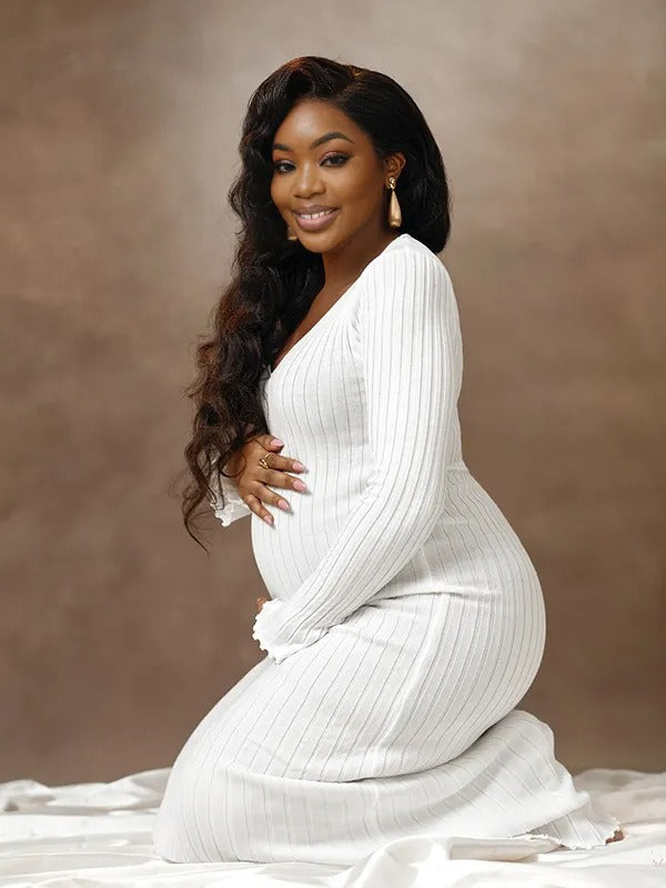 Momnfancy Knit Pleated Big Swing V-neck Plus Size Sweater Elegant Going Out Maternity Photoshoot Baby Shower Maxi Dress